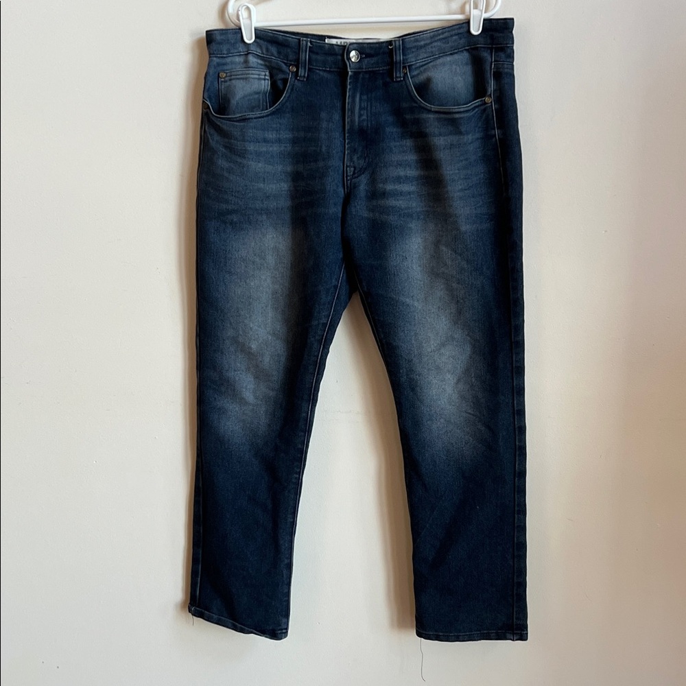MBX Dark distressed  Indigo Straight Leg Jeans broke in blokecore